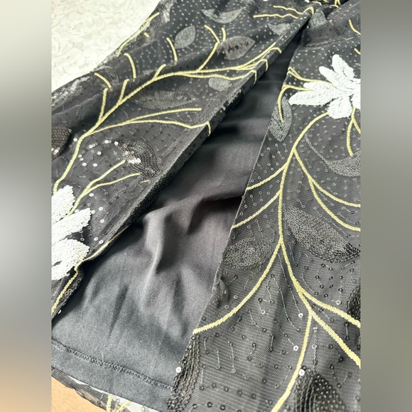 Belle Badgley Mischka Dress Gown 6 Black Embroidered Sequins Leaves Gold Formal - Picture 8 of 12